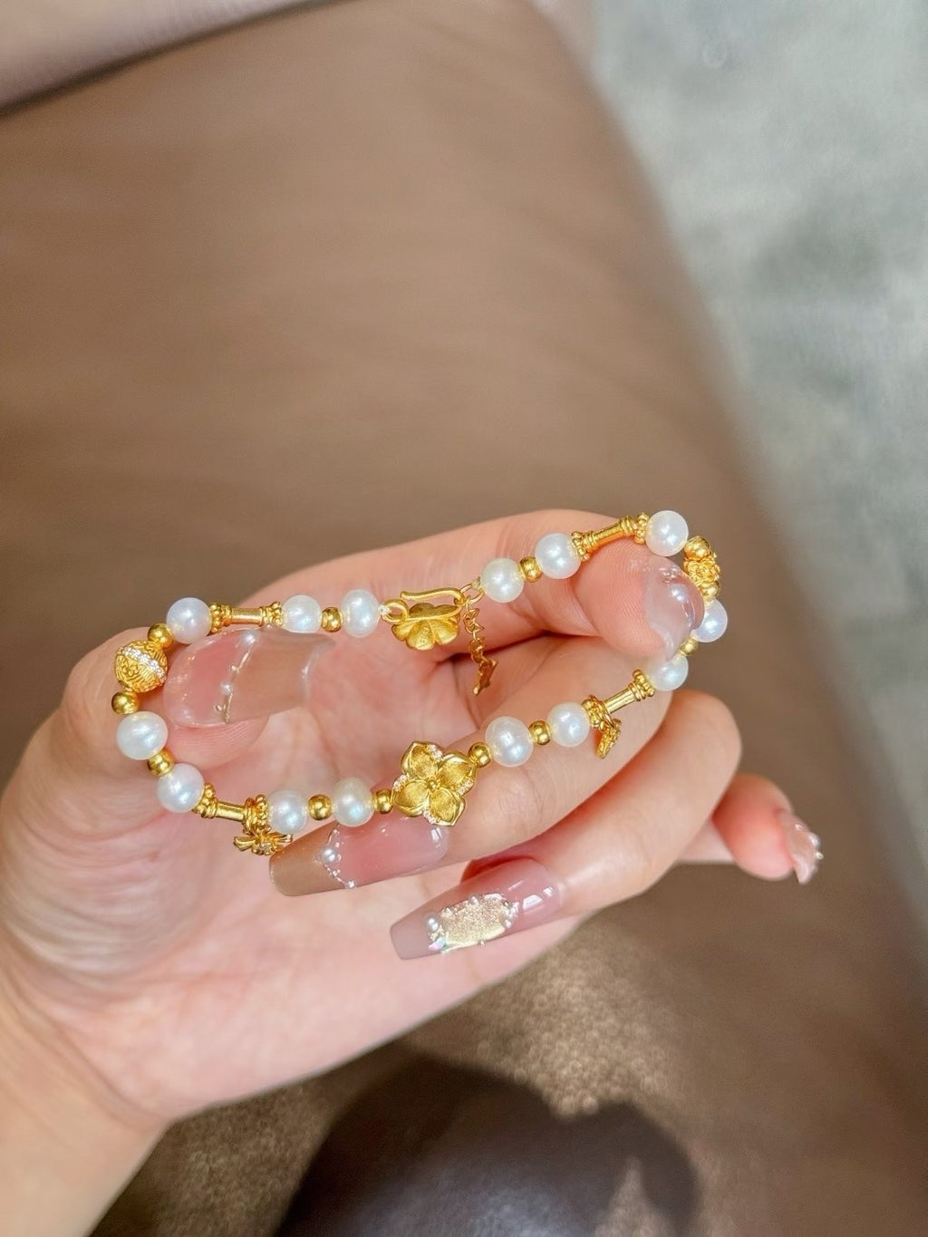 足金點鑽紫荊花珍珠手鏈