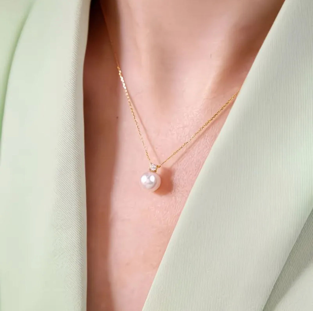 18K金鑽石日本akoya海水珍珠吊墜王妃款頸鏈