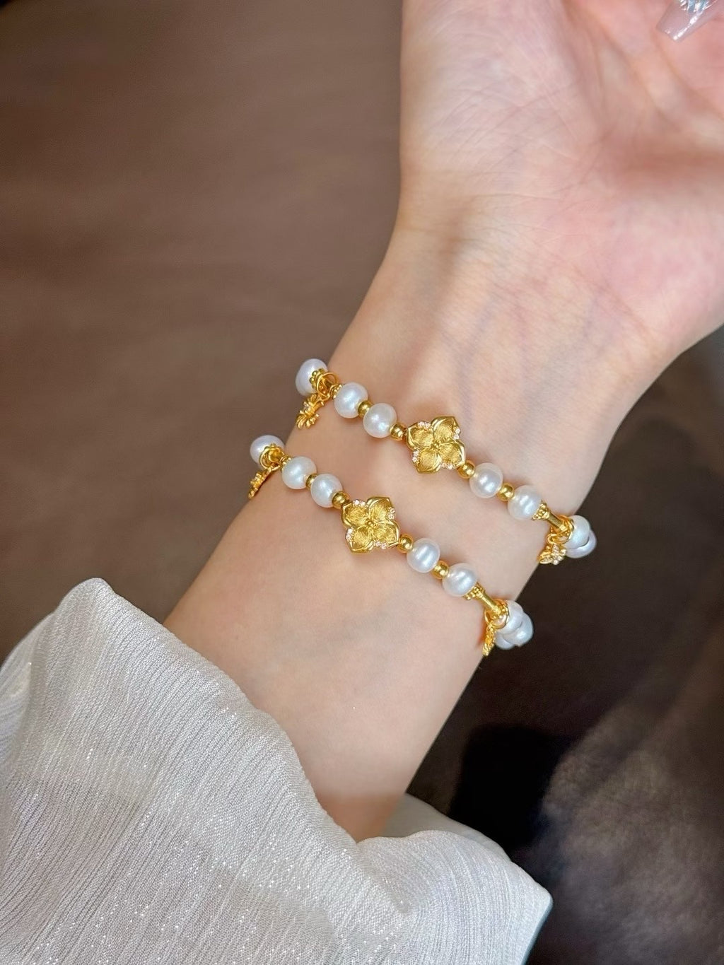 足金點鑽紫荊花珍珠手鏈