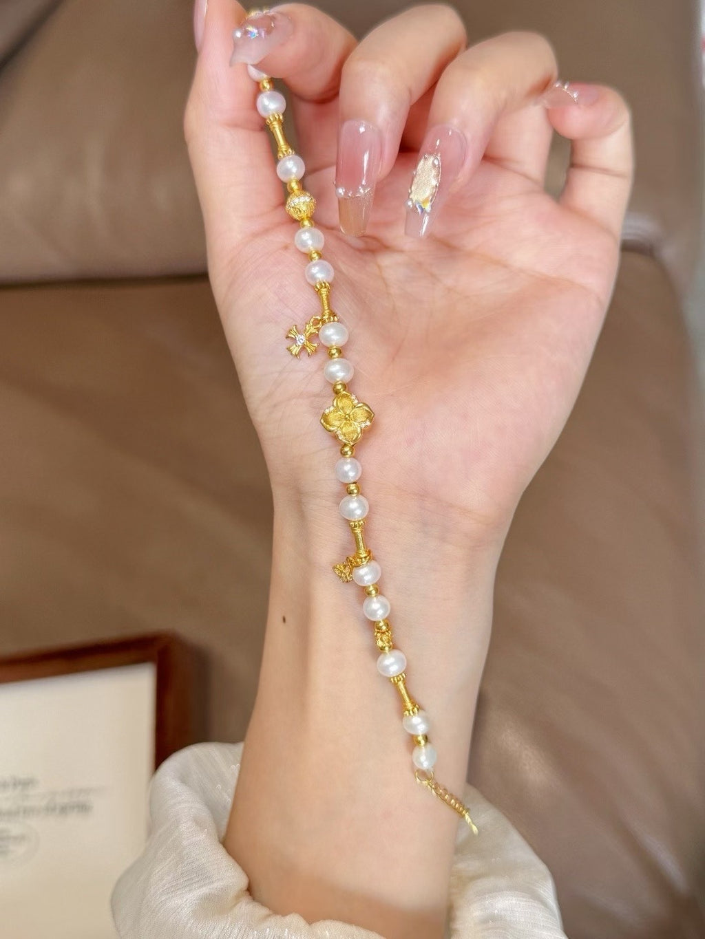 足金點鑽紫荊花珍珠手鏈