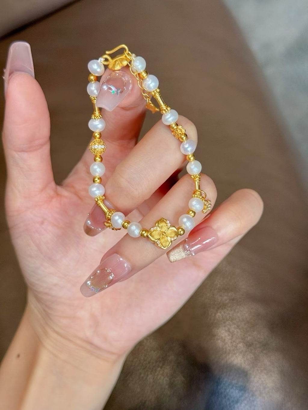 足金點鑽紫荊花珍珠手鏈