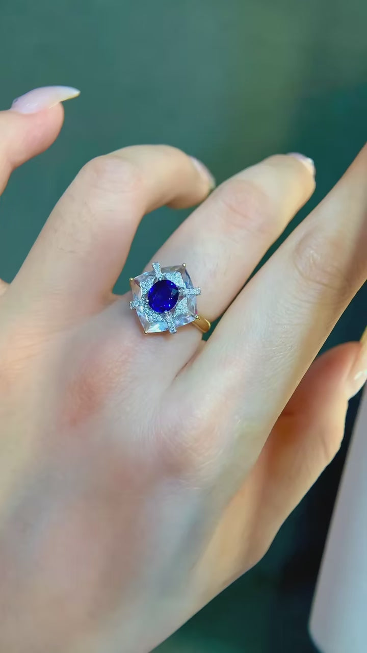 18k金鑲白水晶藍寶石戒指